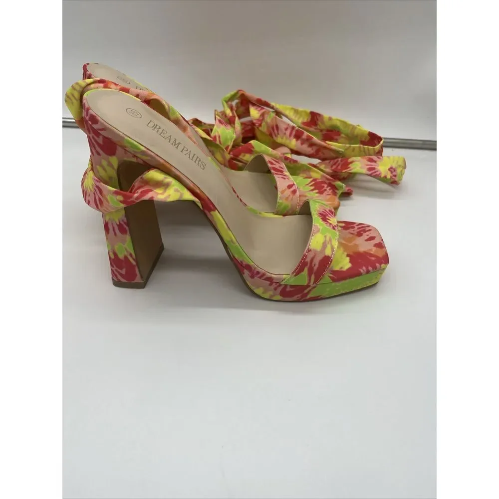 DREAM‎ PAIRS Women Heel Pump Sandals Leg Wrap Up Yellow Green Pink Tie-dye 8.5